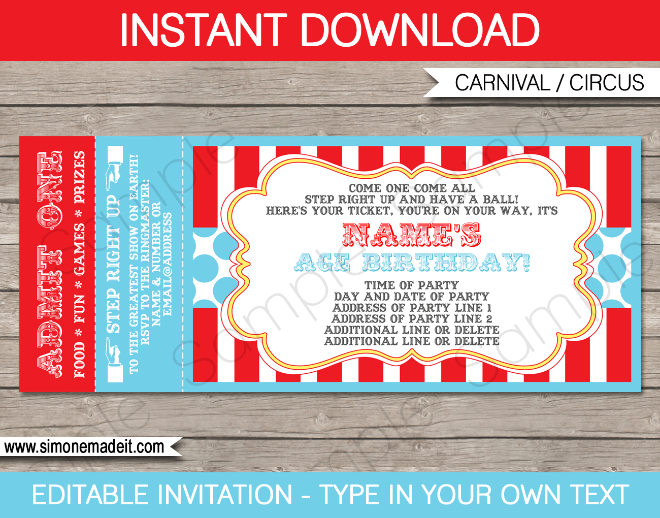 Circus Ticket Invitation Template - Red/Aqua within Free Carnival Ticket Template Printable