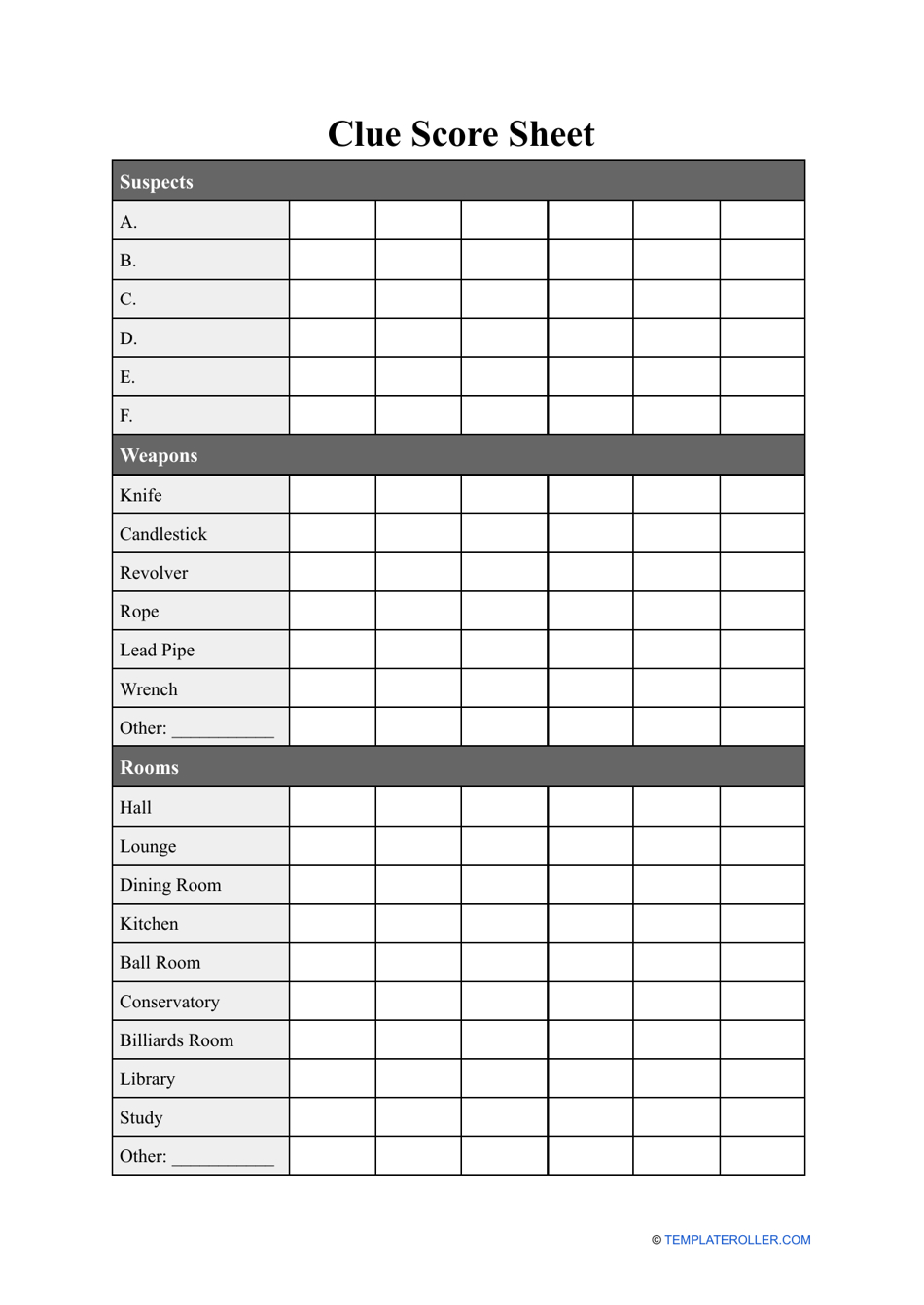 Clue Score Sheet Template Download Printable Pdf | Templateroller pertaining to Free Printable Cluedo Sheets