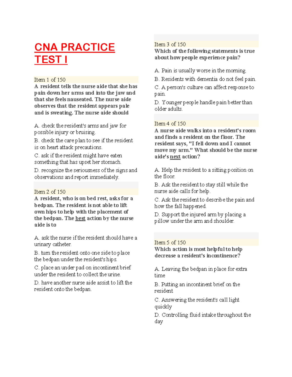 Cna Practice Pdf 525+ Q&amp;amp;A - Cna Practice Test I Item 1 Of 150 A in Free Printable Cna Practice Test with Answers