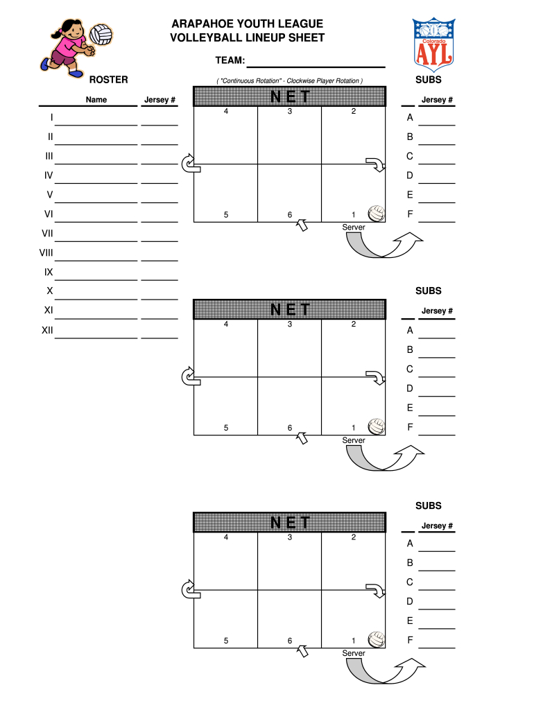 Co Arapahoe Youth League Volleyball Lineup Form - Fill Online with Free Printable Volleyball Lineup Sheet