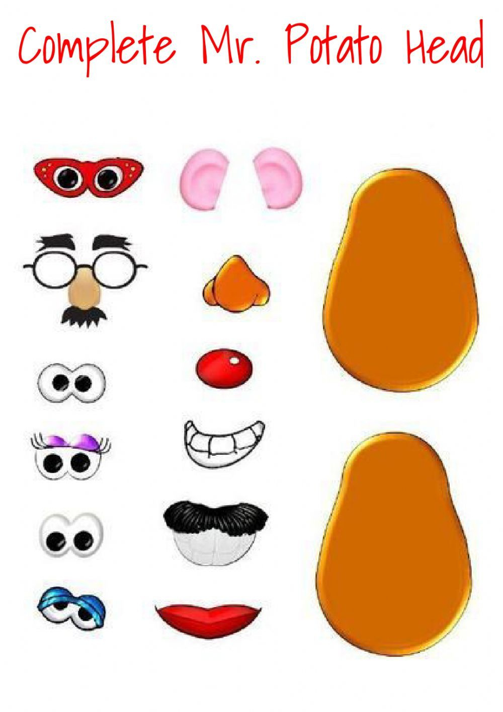 Complete Mr. Potato Head Worksheet for Free Printable Mr Potato Head Parts