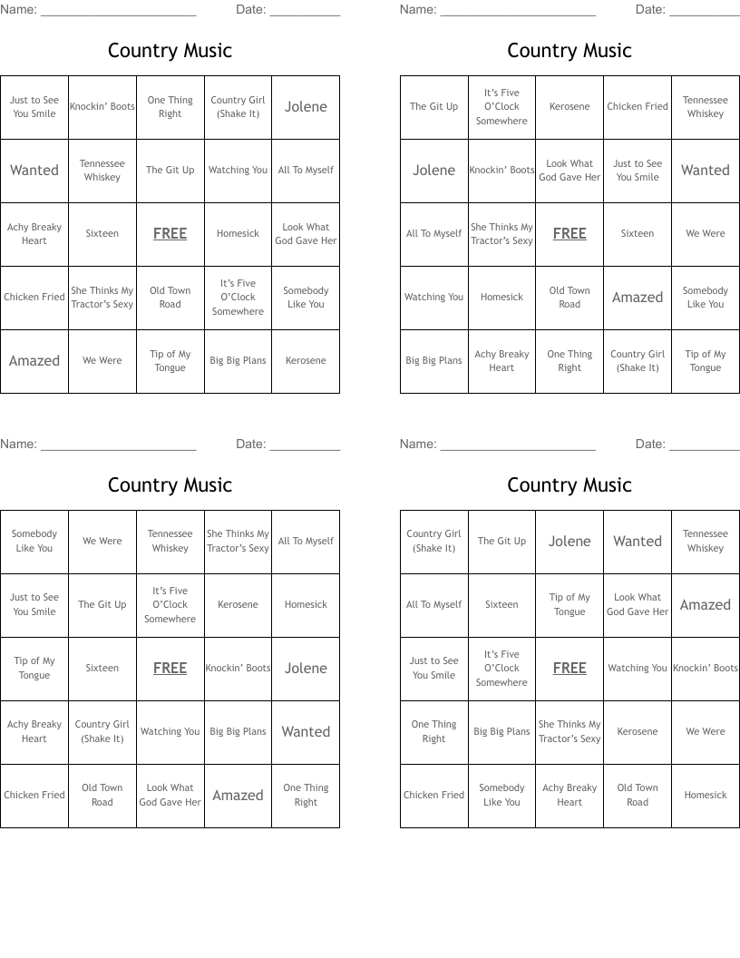 Country Music Bingo Cards - Wordmint inside Free Music Bingo Cards Printables