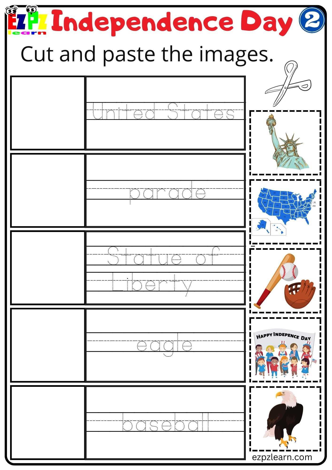 Cut And Paste Worksheet For Independence Day Group 2 - Ezpzlearn intended for Free Independence Day Printables
