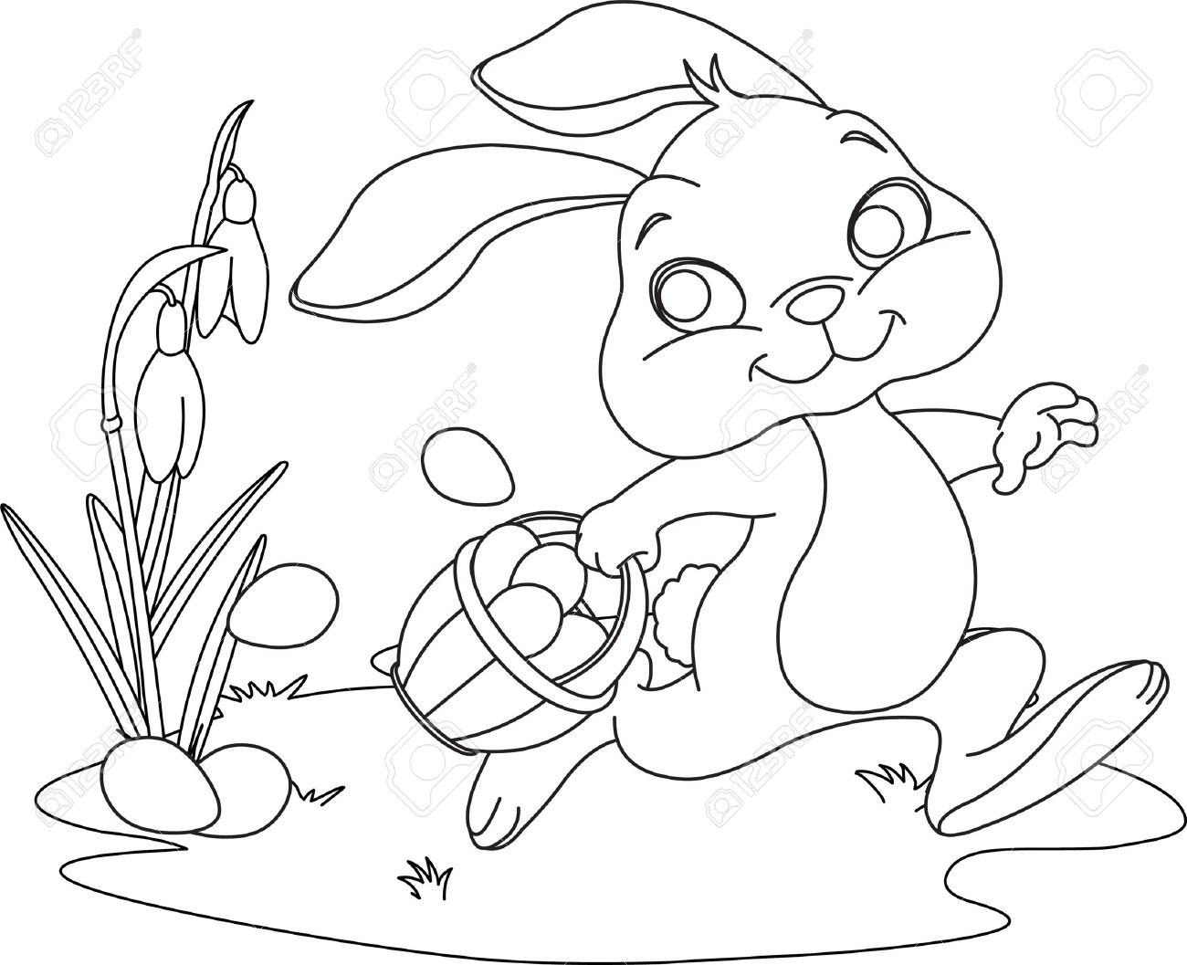Cute Easter Bunny Hiding Eggs. Coloring Page Royalty Free Svg in Free Printable Easter Bunny Clipart Black and White