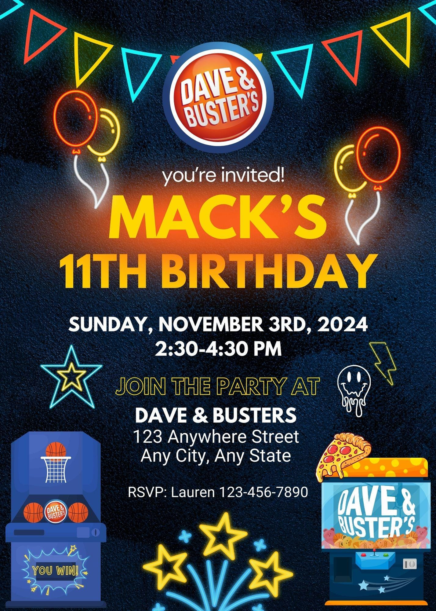 Dave And Busters Party, Neon Birthday Invitation Fun Party, Arcade pertaining to Dave and Busters Free Printable Invitations