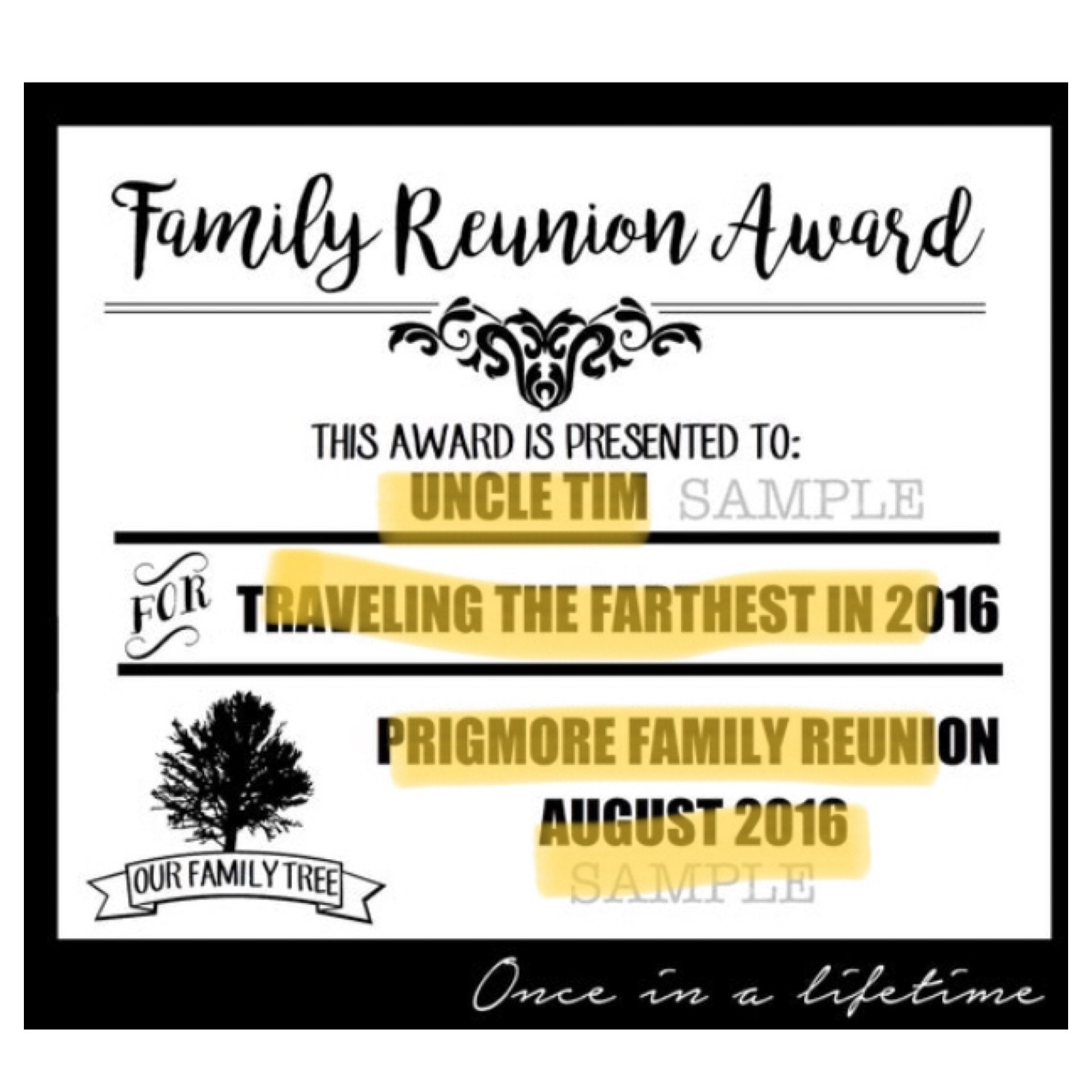Digital Family Reunion Award Pdf Files Editable Instant Download intended for Free Family Reunion Award Certificate Printables