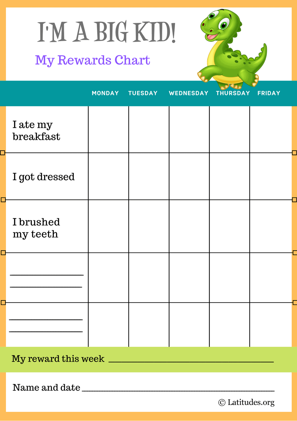 Dinosaur I&amp;#039;M A Big Kid Self-Care Reward Chart - Acn Latitudes pertaining to Downloadable Free Printable Sticker Chart