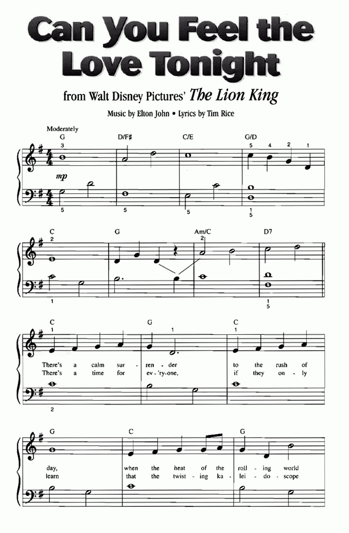 Disney Can You Feel The Love Tonight Easy Piano Sheet Music | Easy intended for Free Printable Disney Piano Music