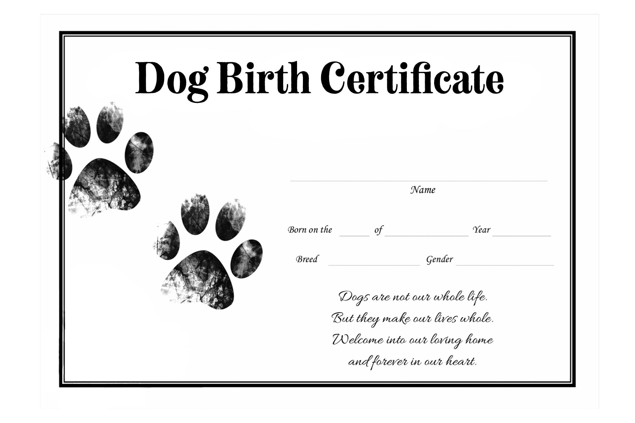 Dog Birth Certificate For Girl Or Boy Puppy Gender Neutral pertaining to Printable Free Puppy Birth Certificate Template