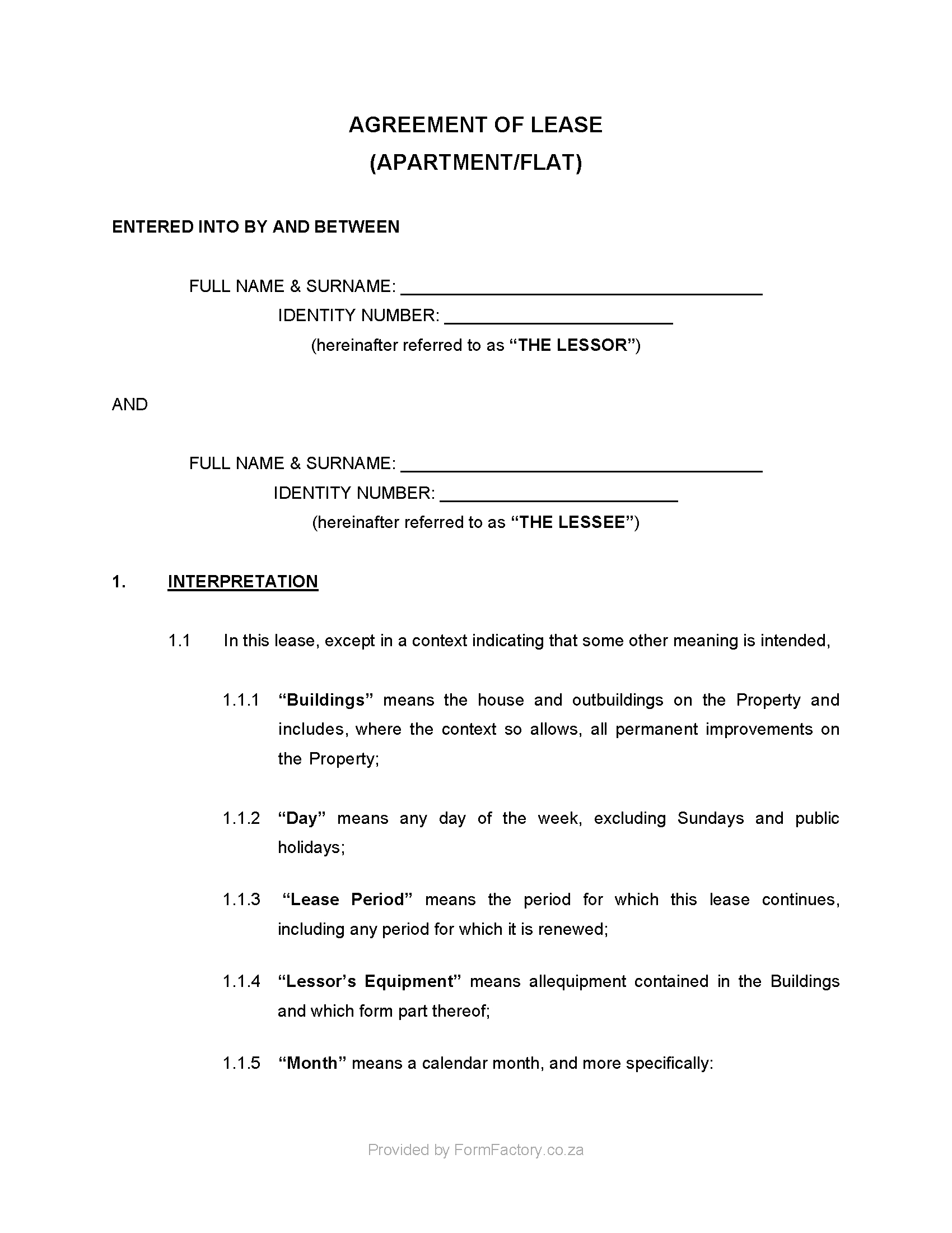 Download Residential Lease Agreement Template - Formfactory regarding Free Simple Residential Lease Agreement Template South Africa
