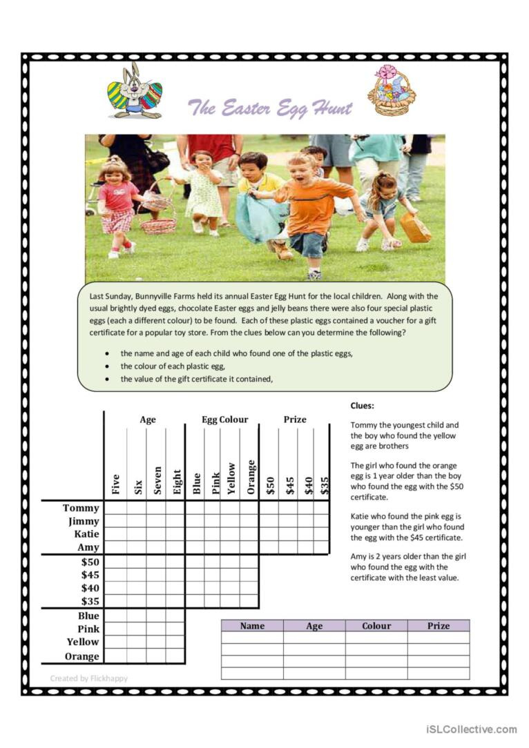 easter egg hunt logic puzzle english esl worksheets pdf doc regarding free printable easter logic grid puzzles with answers Easter Egg Hunt Logic Puzzle: English Esl Worksheets Pdf & Doc regarding Free Printable Easter Logic Grid Puzzles with Answers