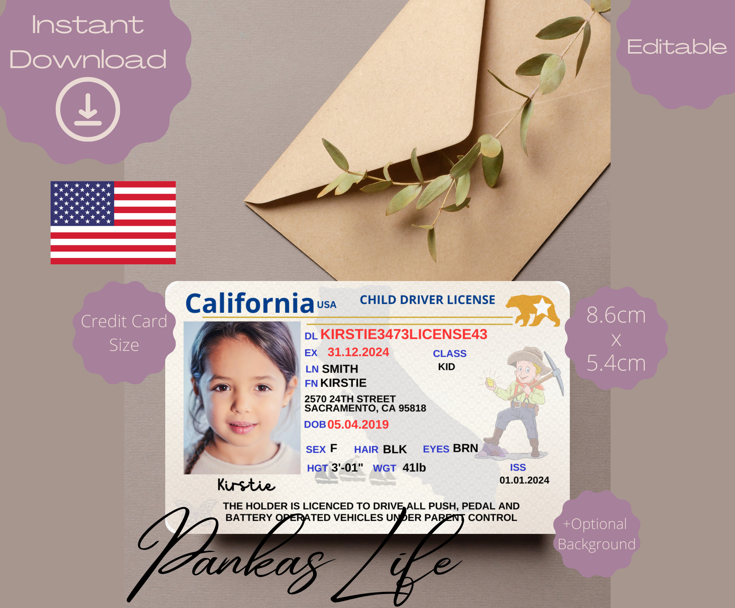 Editable Pretend Play Usa Driver License For Kids, California within Free Printable Fake Driver&amp;amp;#039;s License Template