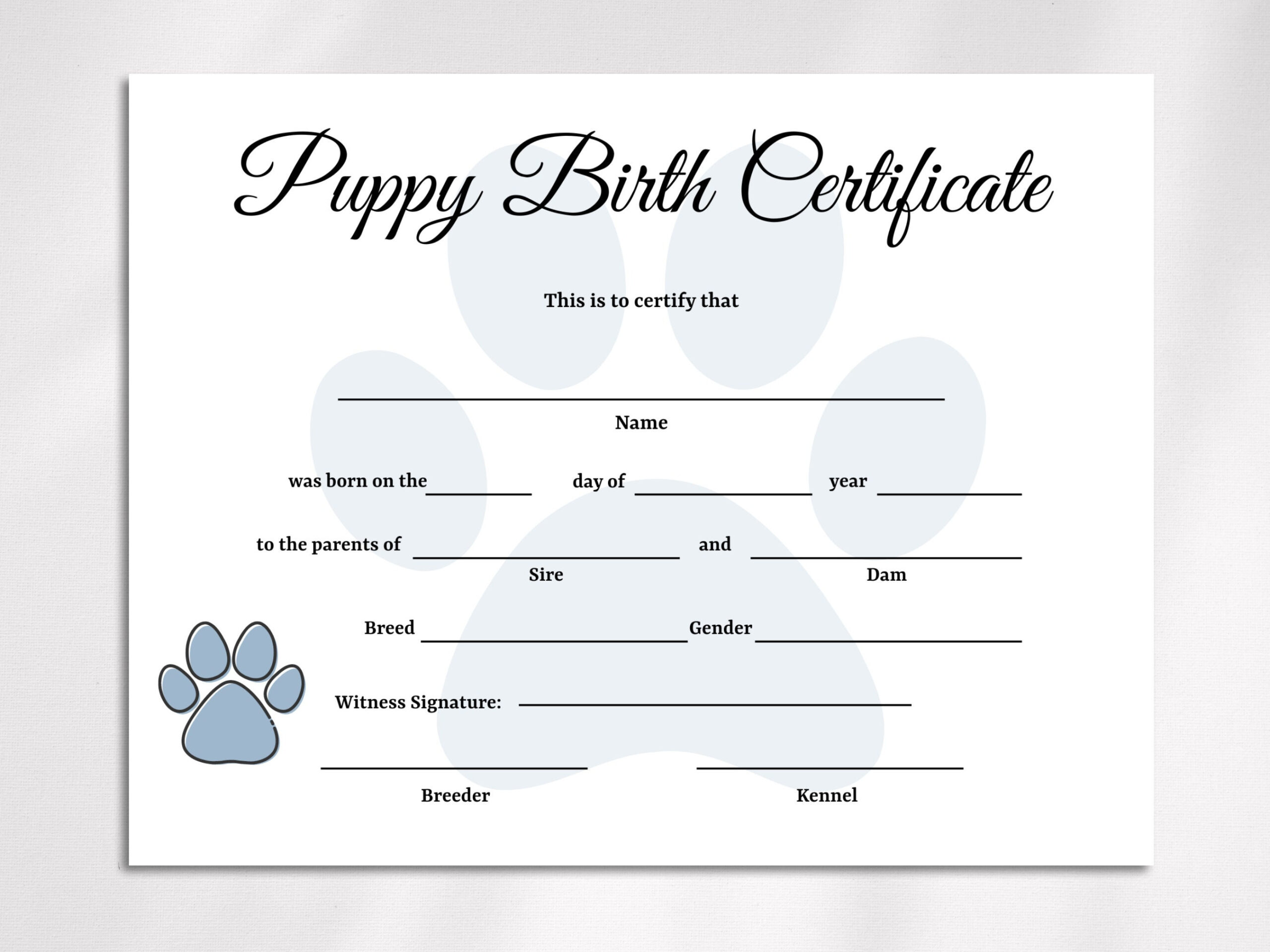 Editable Puppy Birth Certificate Template, Dog Adoption Certificate, Pet Birth Certificate, Dog Breeder Forms throughout Printable Free Puppy Birth Certificate Template