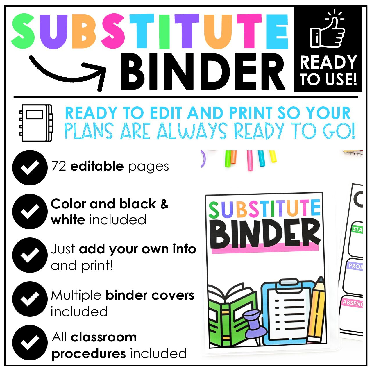 *Editable* Substitute Binder {Color &amp;amp; Black Line} for Free Substitute Teacher Binder Printables