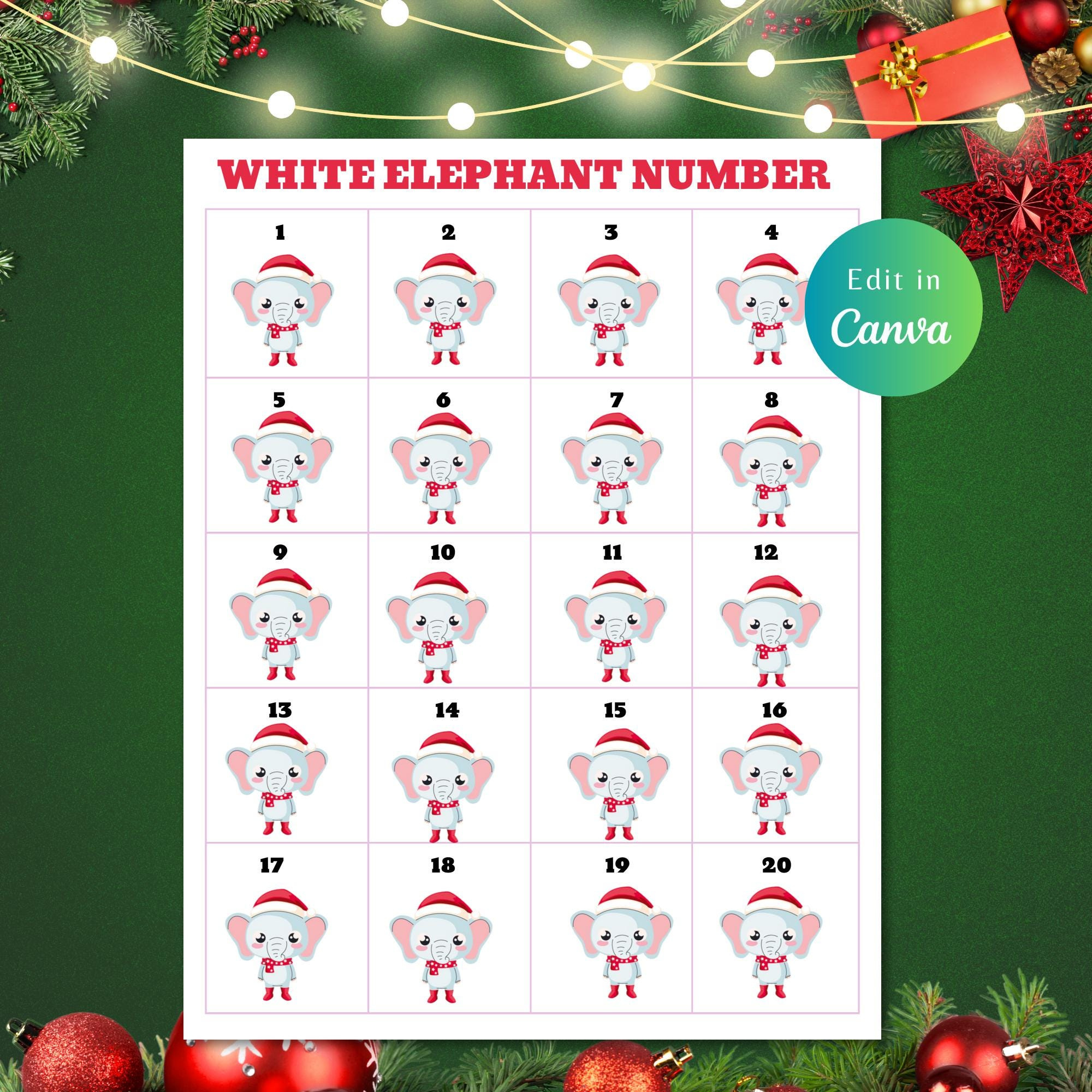 Editable White Elephant Gift Exchange, Christmas Exchange, White inside White Elephant Numbers Template Printable