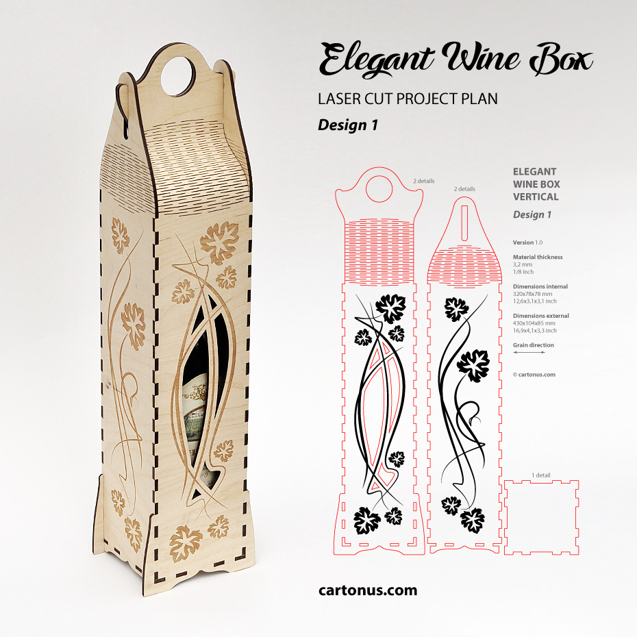 Elegant Wine Box Vertical - Cartonus for Free Laser Cut Wine Box Template
