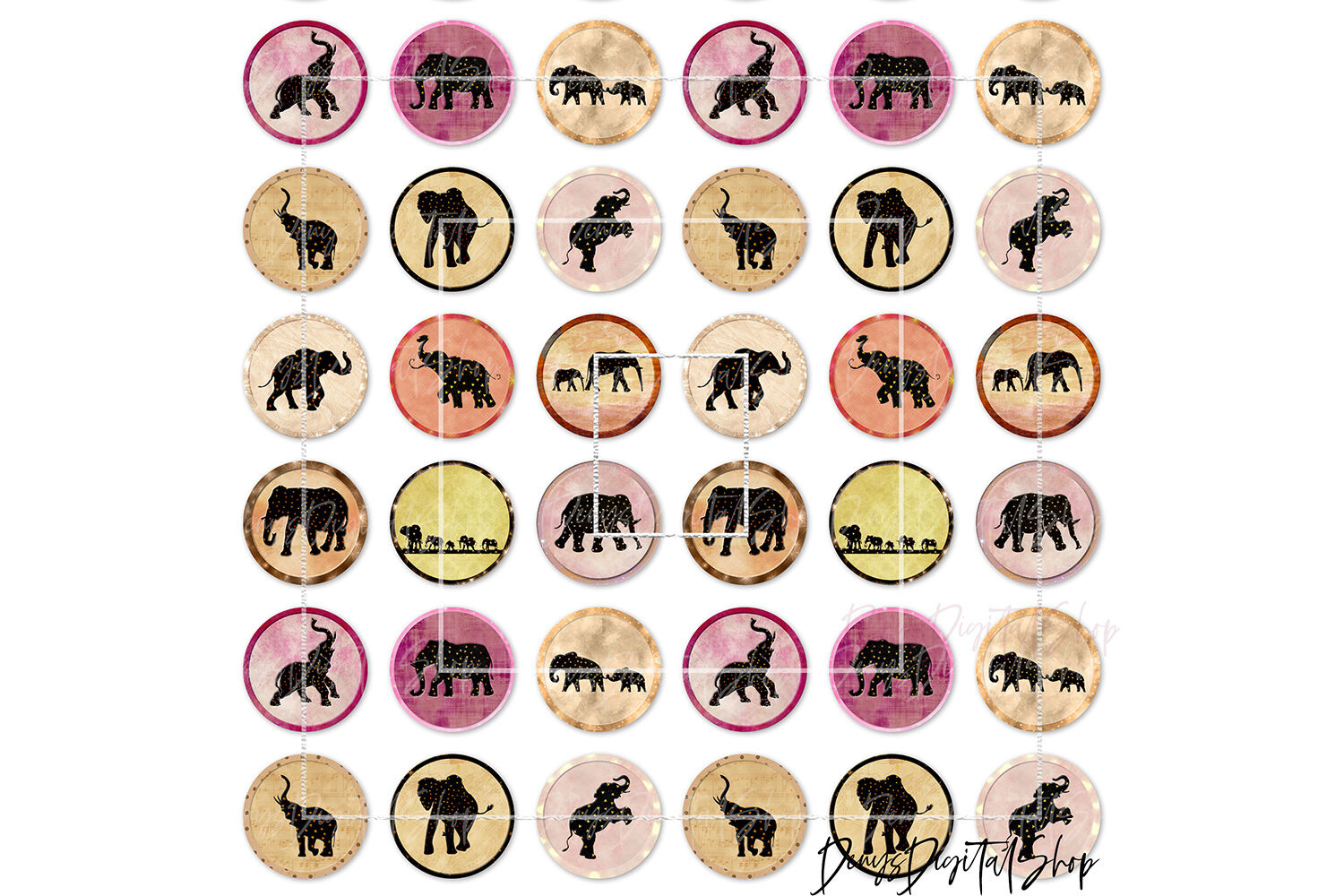 Elephants Digital Printable Sheet, Cabochon Images with Free Printable Cabochon Pictures