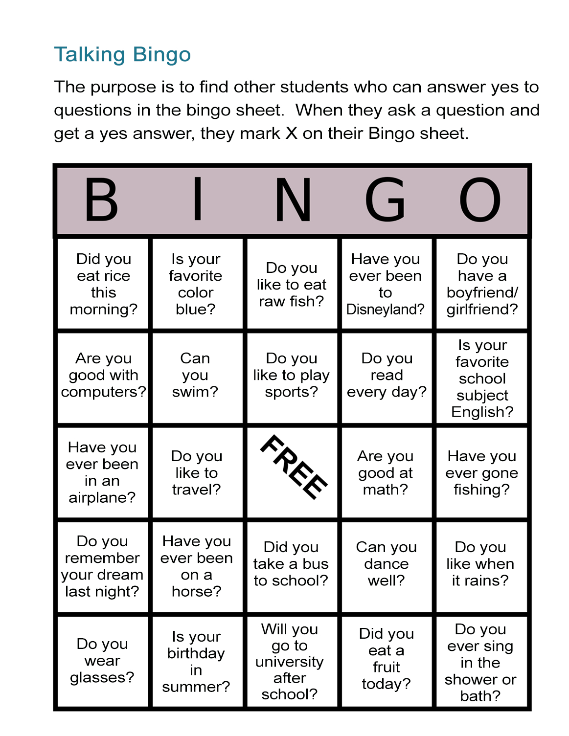 Esl Bingo Free Worksheet: Stand-Up Bingo - All Esl in Free Printable Esl Games