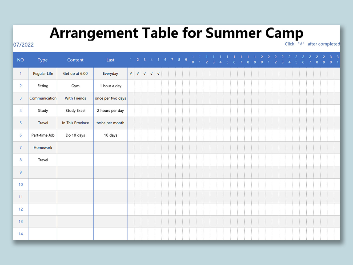 Excel Of Arrangement Table For Summer Camp.xlsx | Wps Free Templates with Free Summer Camp Schedule Template