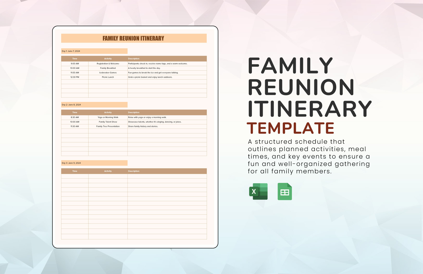 Family Reunion Itinerary Template In Excel, Google Sheets To intended for Family Reunion Itinerary Template Free