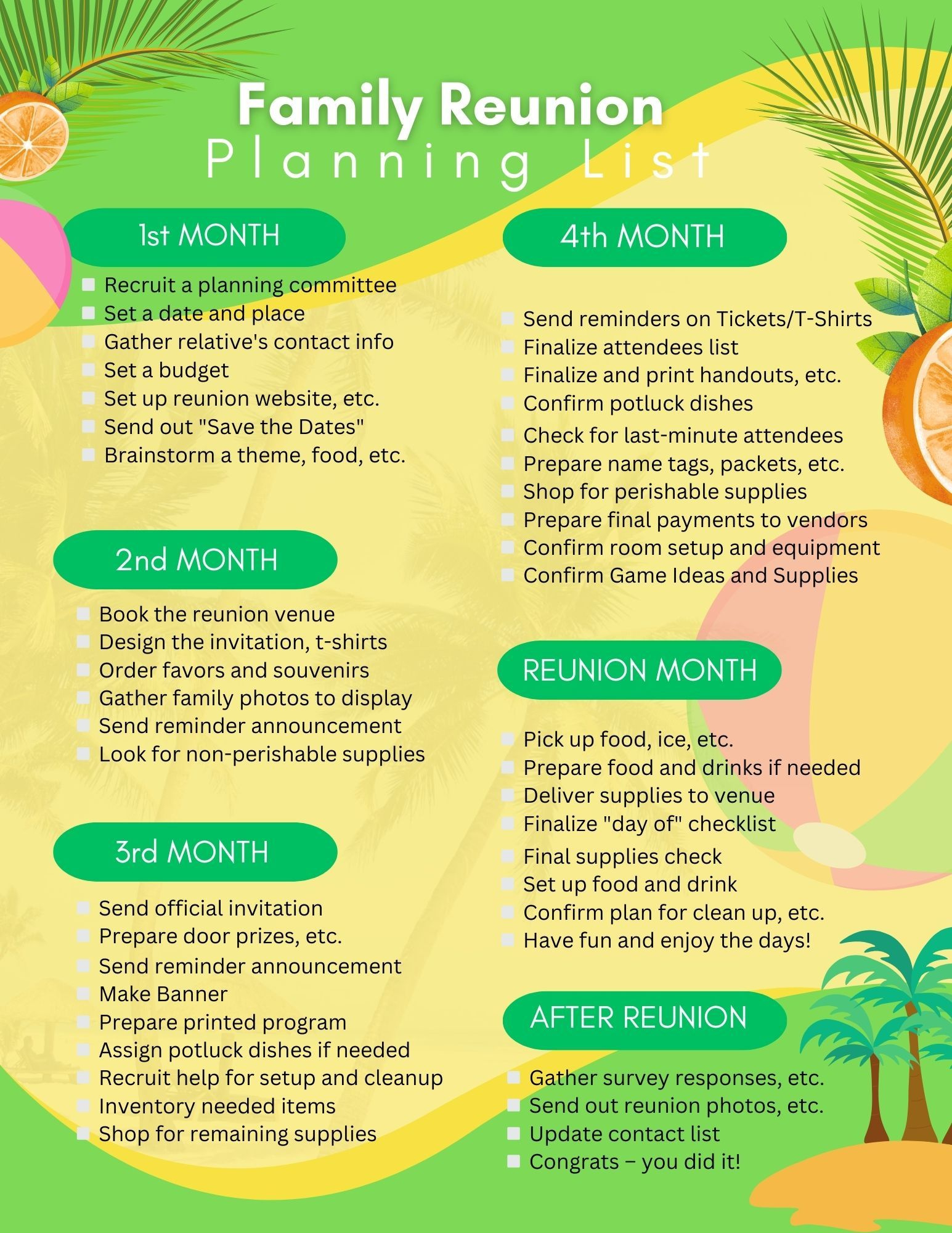Family Reunion Planning Checklist regarding Free Printable Family Reunion Checklist