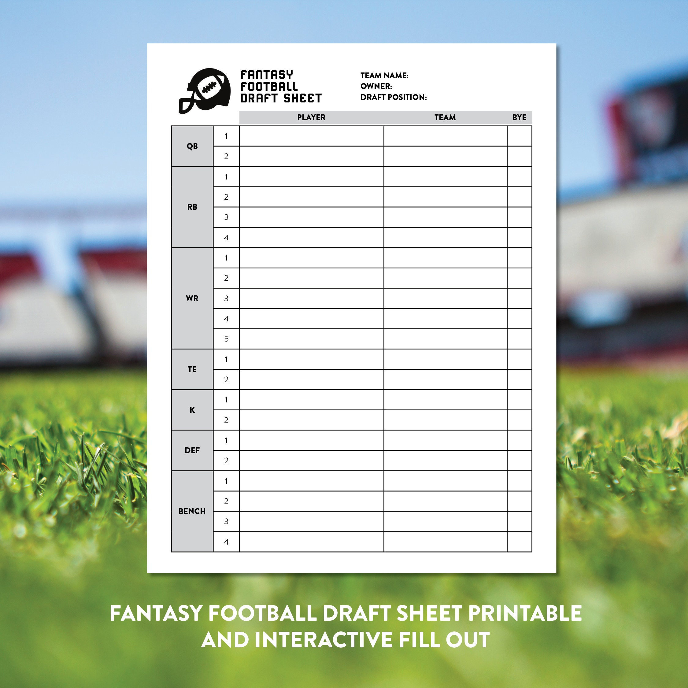 Fantasy Football Interactive Draft Sheet - Tracking Sheet - Team throughout Free Printable Fantasy Football Draft Board