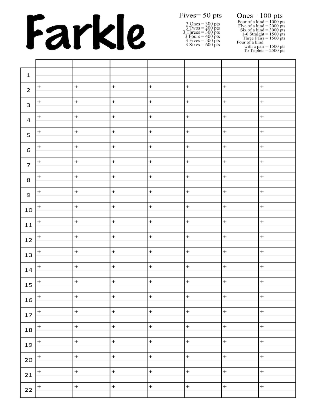 Farkle Score Card Printable File With Blank Spaces To Add Your Own throughout Farkle Score Card Printable Free