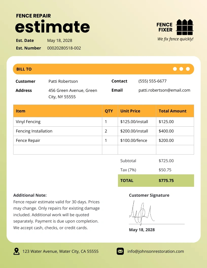 Fence Repair Estimate Template - Venngage intended for Free Fence Proposal Template
