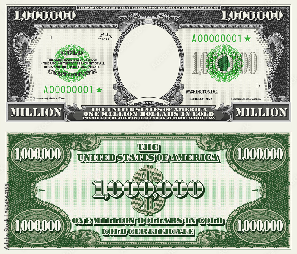 Fictional Obverse And Reverse Of A 1 000 000 Dollars Gold inside Printable One Million Dollar Bill