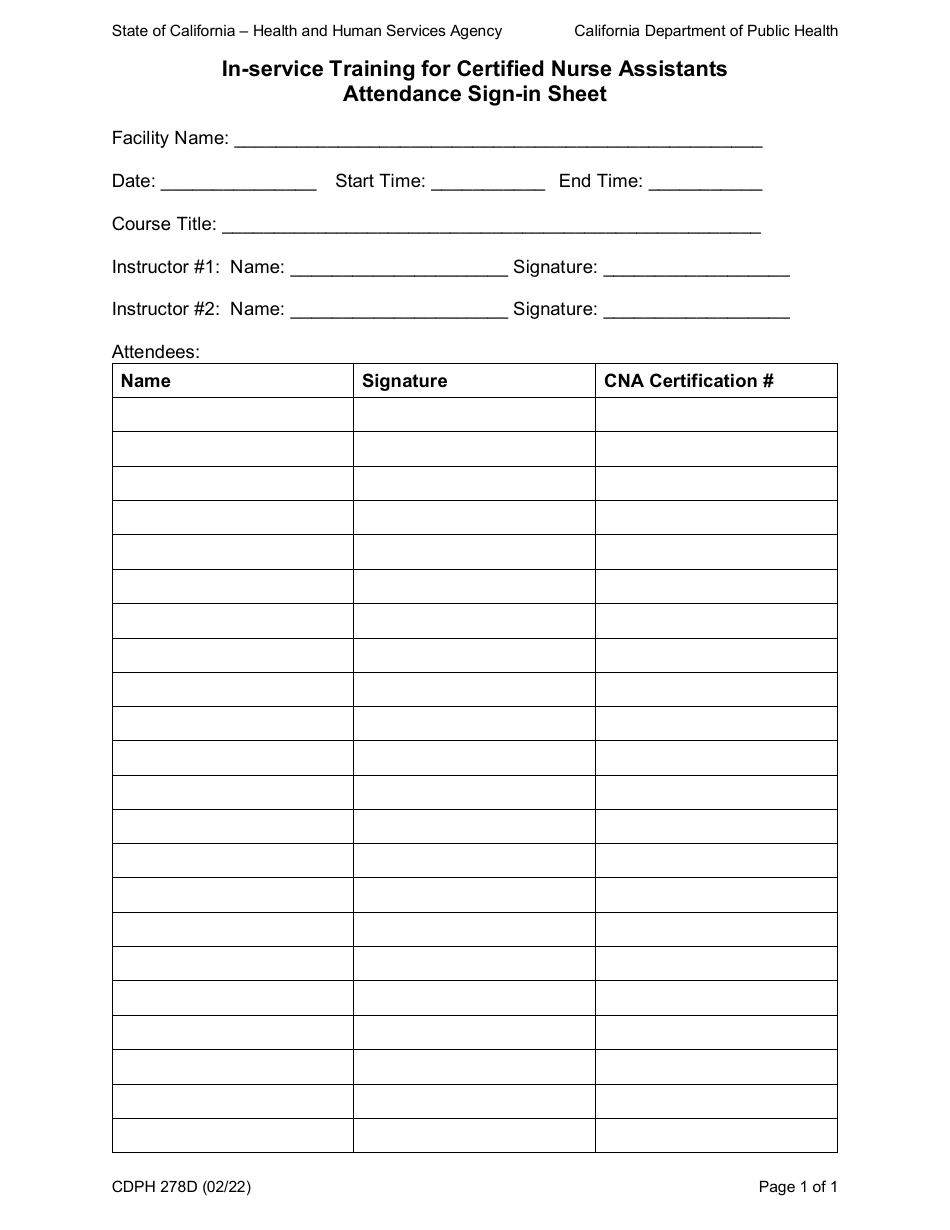 Form Cdph278D - Fill Out, Sign Online And Download Fillable Pdf intended for Free Printable Cna Inservice Downloads