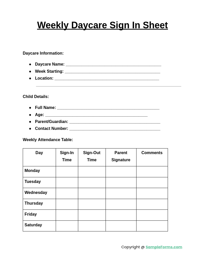Free 10+ Daycare Sign In Sheet Samples, Pdf, Ms Word, Google Docs regarding Free Printable Weekly Sign In And Out Sheets For Daycare
