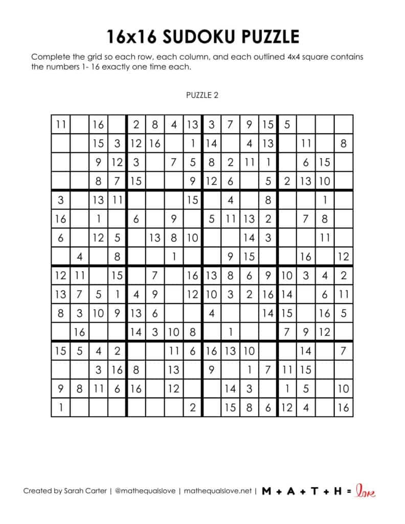 Free 16X16 Printable Sudoku Puzzles (Pdf) in Free Printable 16x16 Sudoku Puzzles