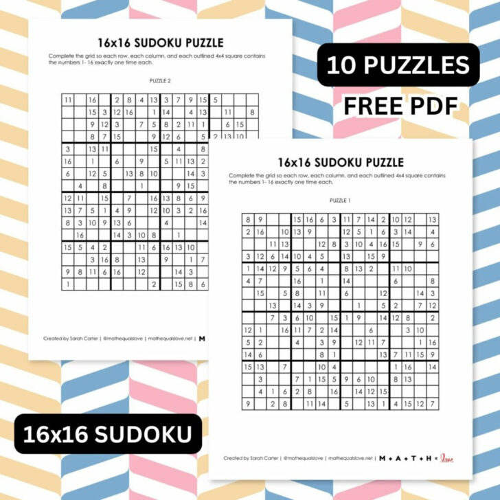Free Printable 16×16 Sudoku Puzzles