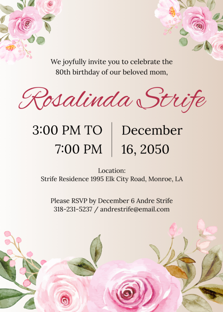 80th Birthday Invitation Free Templates