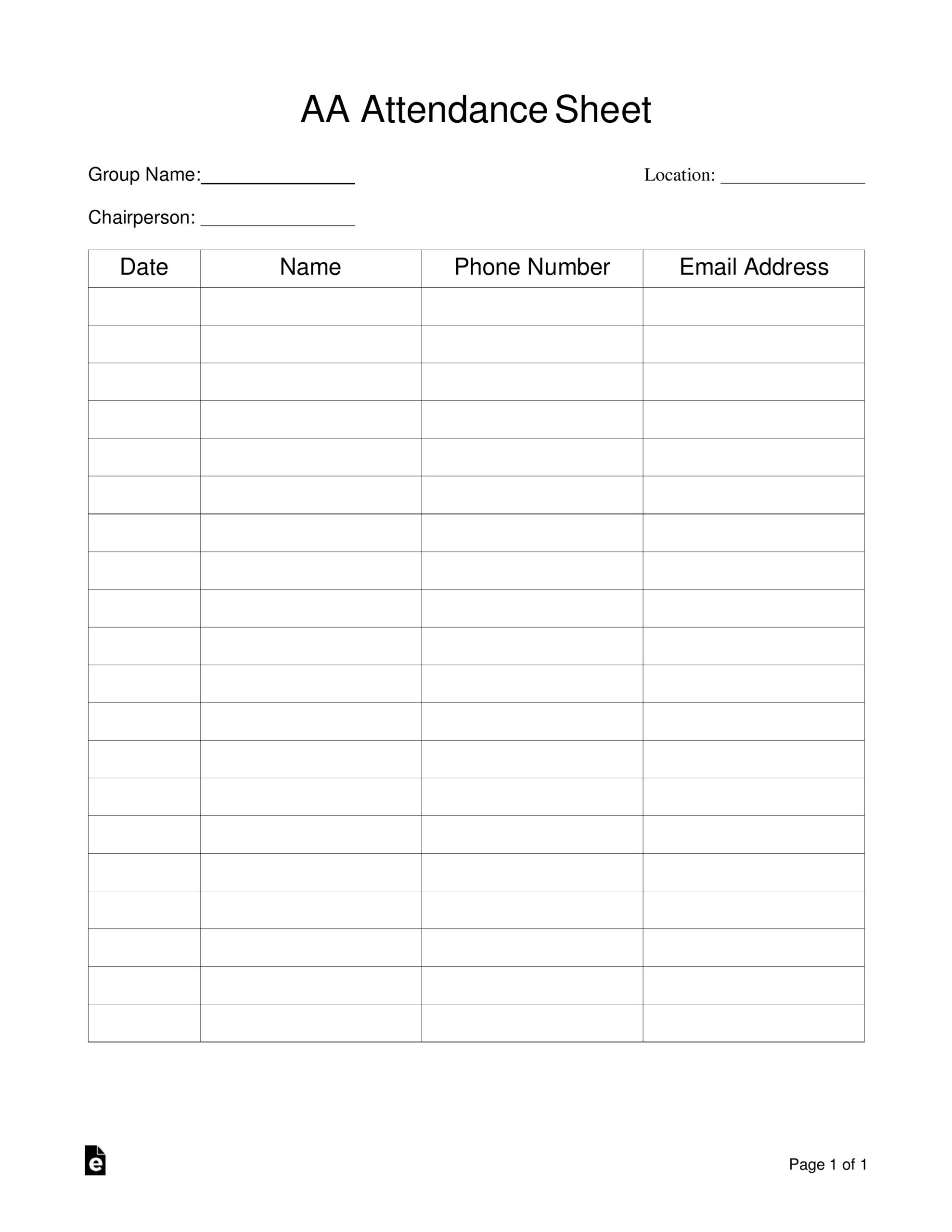 Free Alcoholics Anonymous (Aa) Sign-In / Attendance Sheet Template in Free Printable Aa Meeting Sign in Sheet