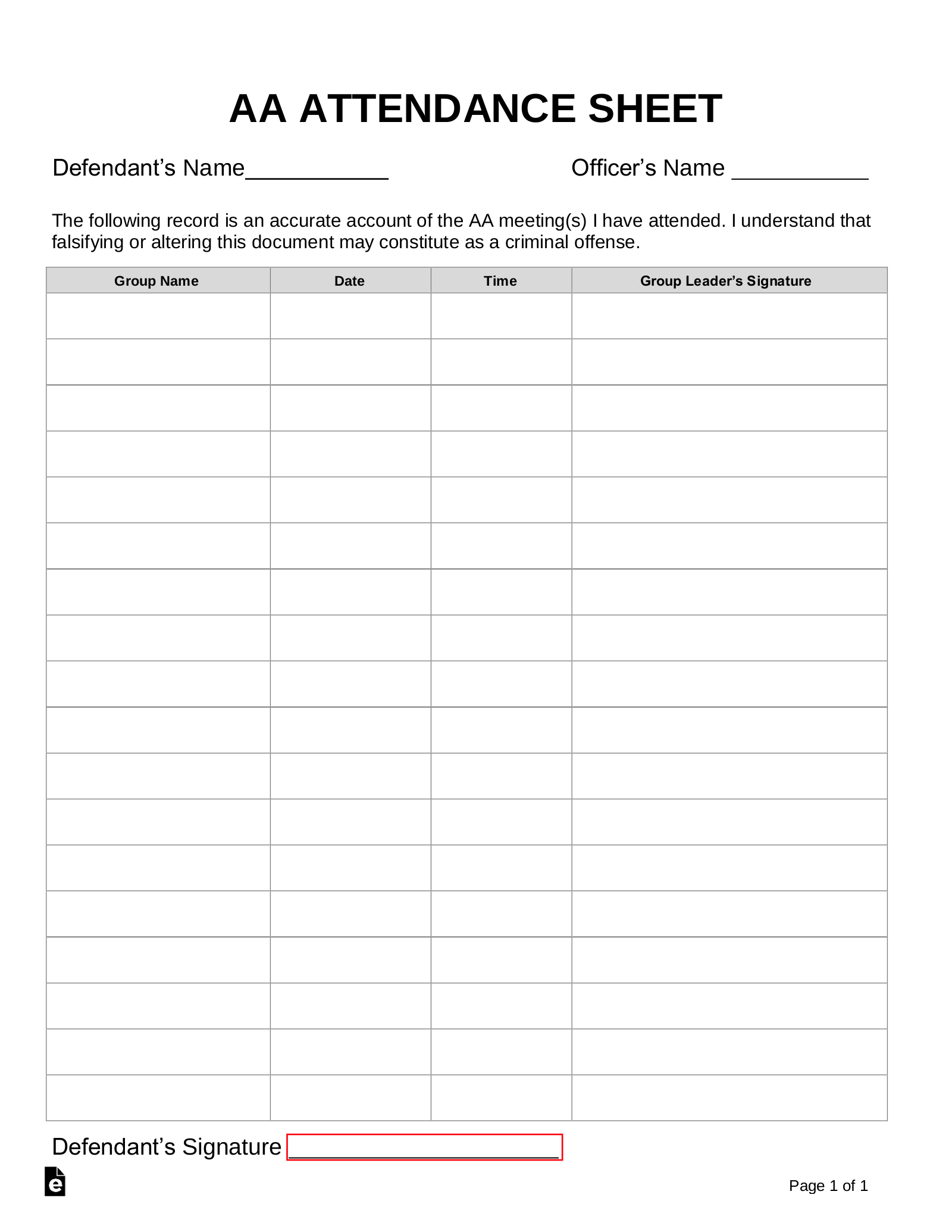 Free Alcoholics Anonymous (Aa) Sign-In/Attendance Sheet Template with Free Printable Aa Meeting Sign In Sheet
