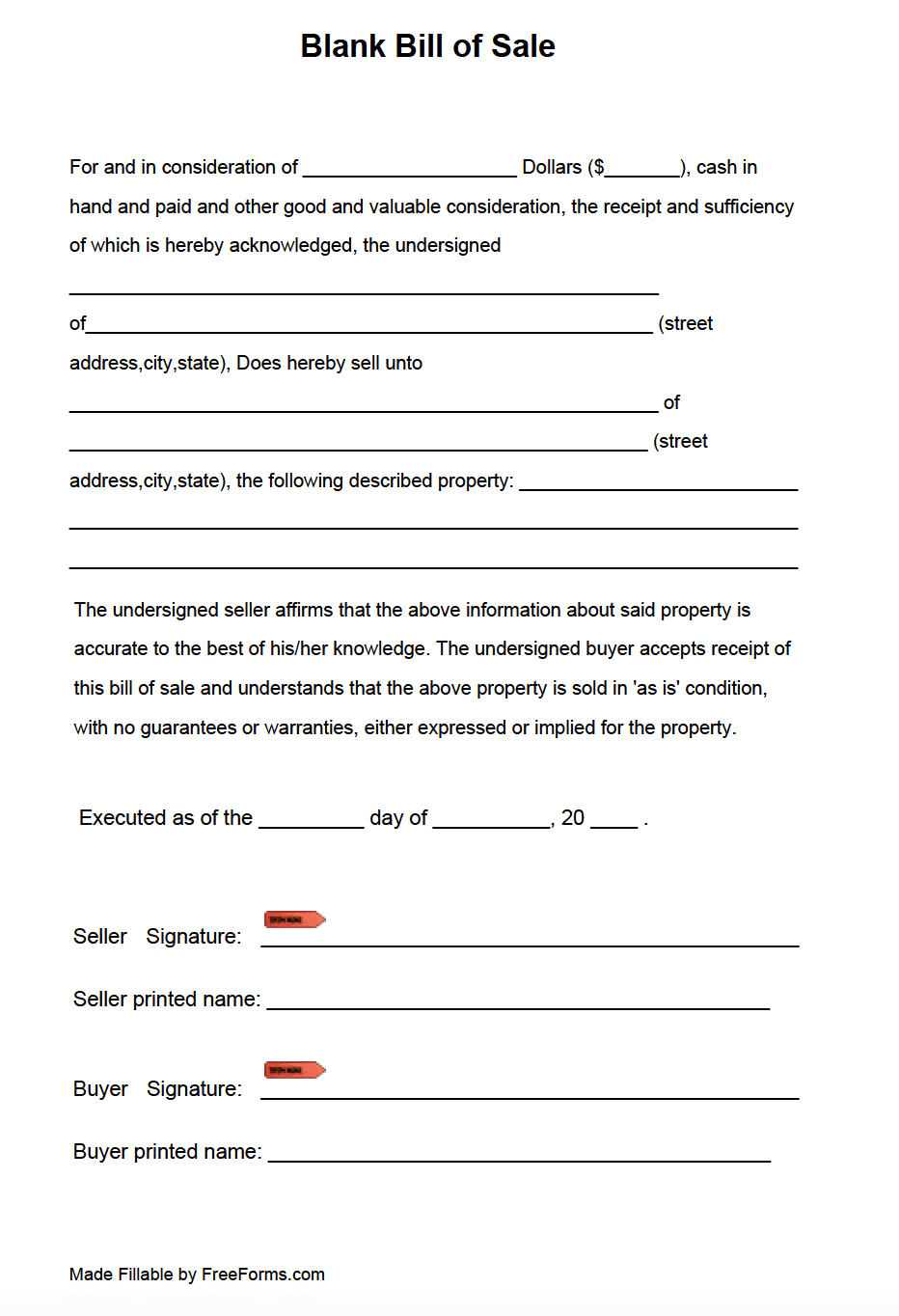 Free Blank Bill Of Sale Form | Pdf in Free Printable Bill Of Sale