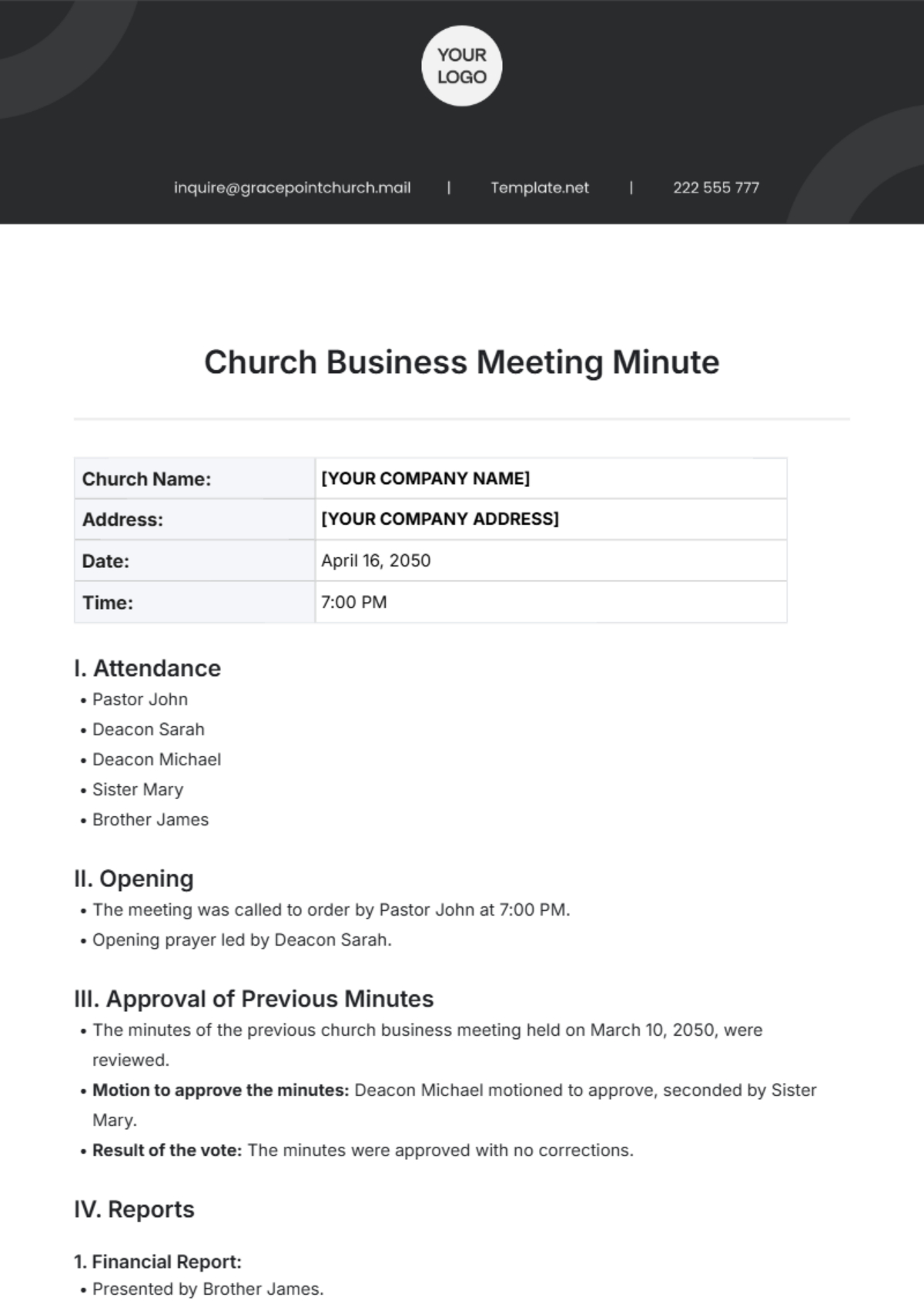 Free Church Meeting Minute Templates, Editable And Printable for Free Church Minutes Template