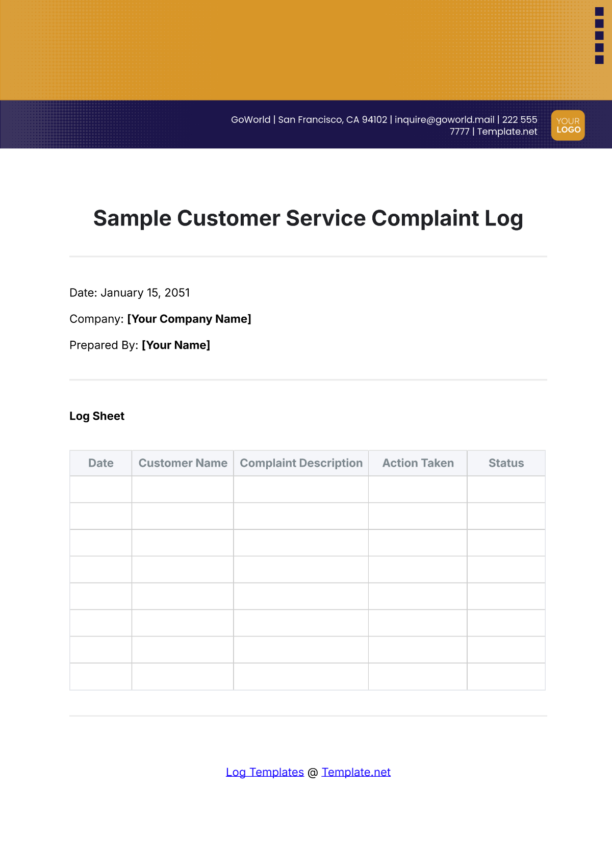 Free Complaint Log Templates, Editable And Printable with regard to Free Customer Complaint Log Template