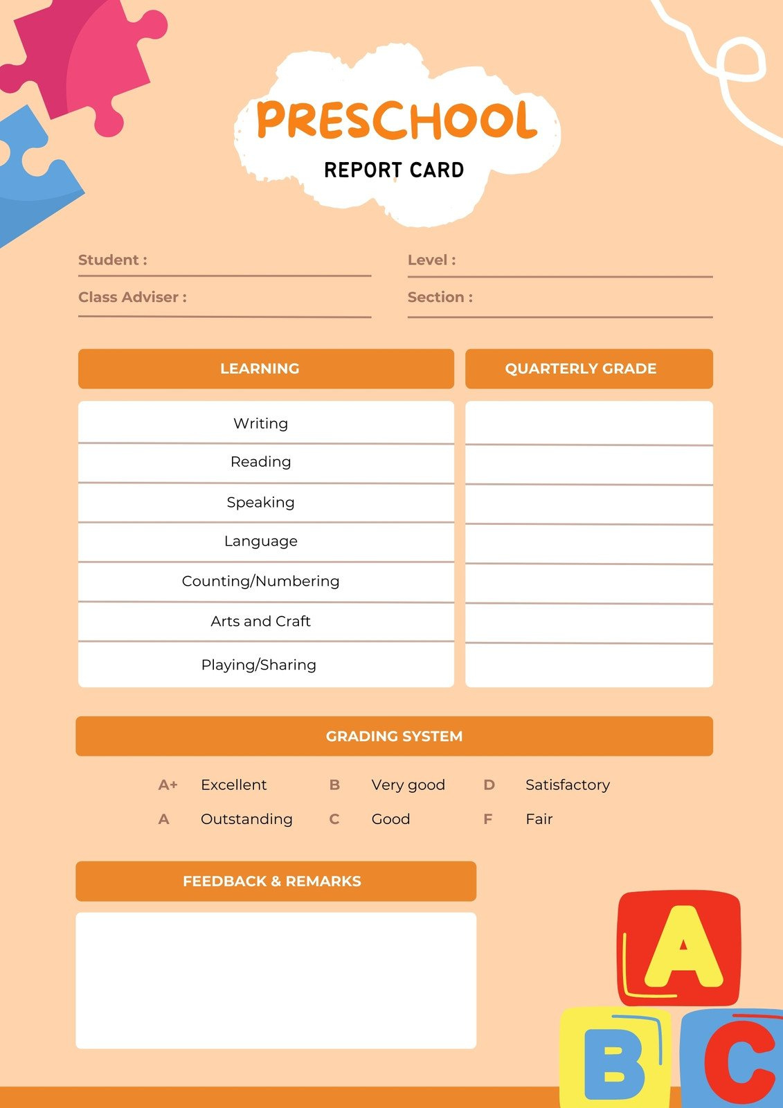 Free Custom Printable Preschool Report Card Templates | Canva within Free Printable Kindergarten Report Card Template