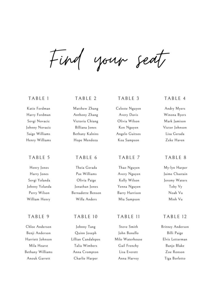 Free Printable Wedding Seating Plan