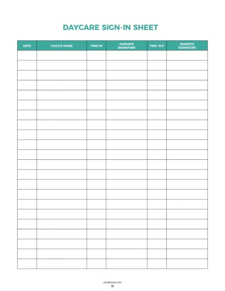 Free Printable Sign in and Out Sheets For Daycare