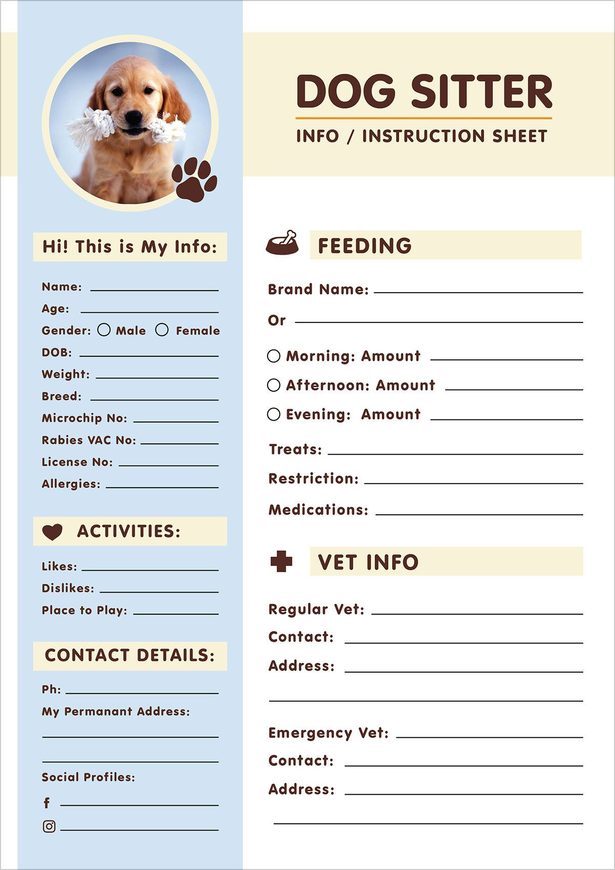 Free Dog Sitter Instruction / Information Sheet Design Template intended for Free Pet Sitting Templates