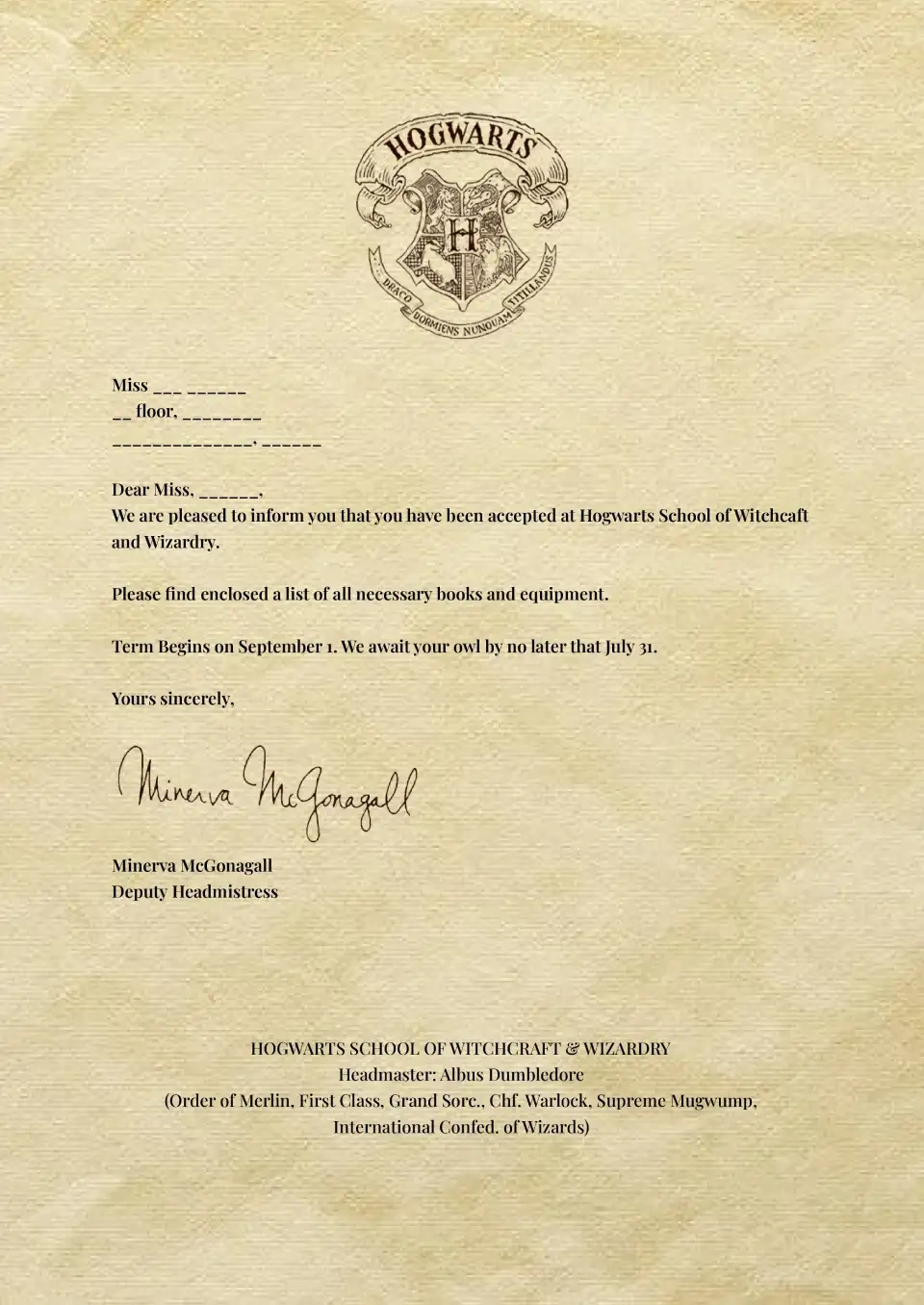 Free Hogwarts Invitation Template For Google Docs for Harry Potter Hogwarts Acceptance Letter Printable Free