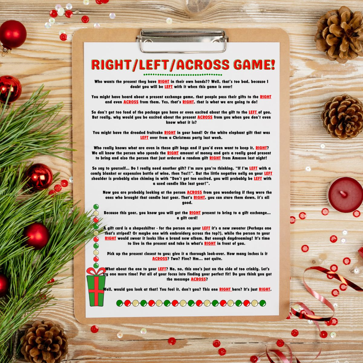 Free Left Right Across Christmas Game Printable (2 Options throughout White Elephant Gift Exchange Poem Printable