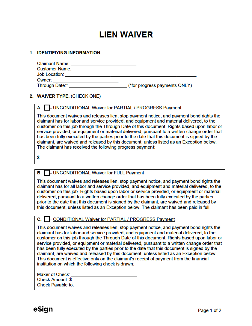 Free Lien Waiver Forms | Pdf | Word regarding Free Printable Lien Release Form