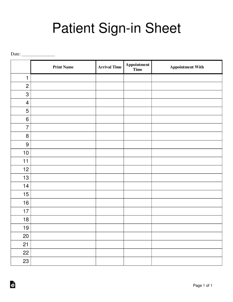 Free Patient Sign-In Sheet Template - Pdf | Word – Eforms inside Free Printable Doctor Office Sign in Sheets