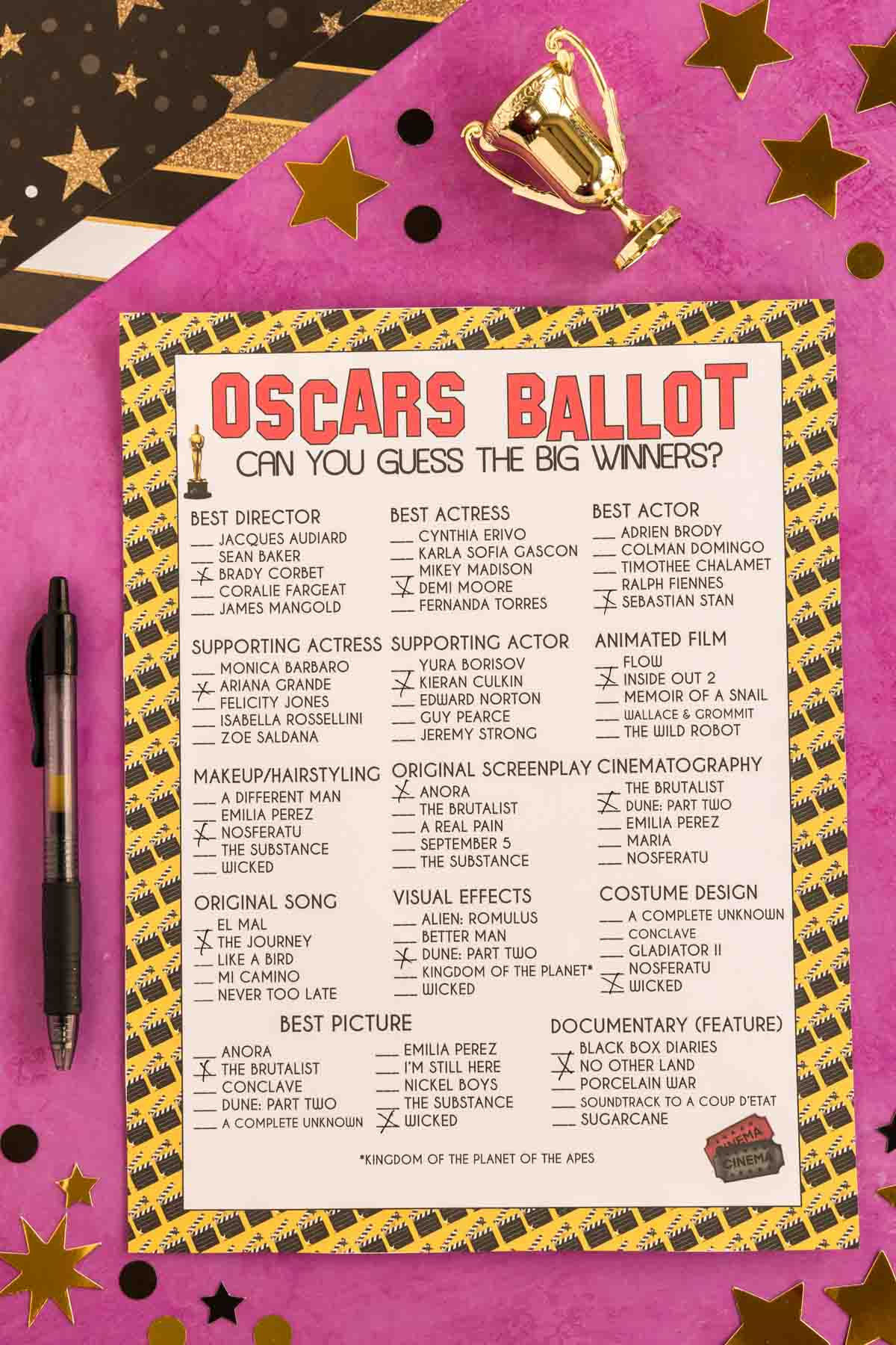Free Printable 2025 Oscar Ballot And Nominees List - Play Party Plan pertaining to Free Oscar Printables