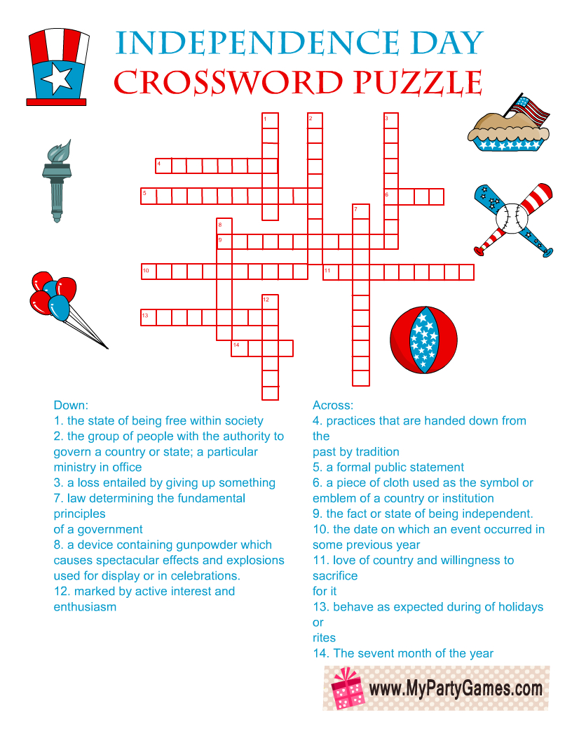 Free Printable 4Th Of July Crossword Puzzle With Answer Key with Free Printable 4th of July Crossword Puzzles
