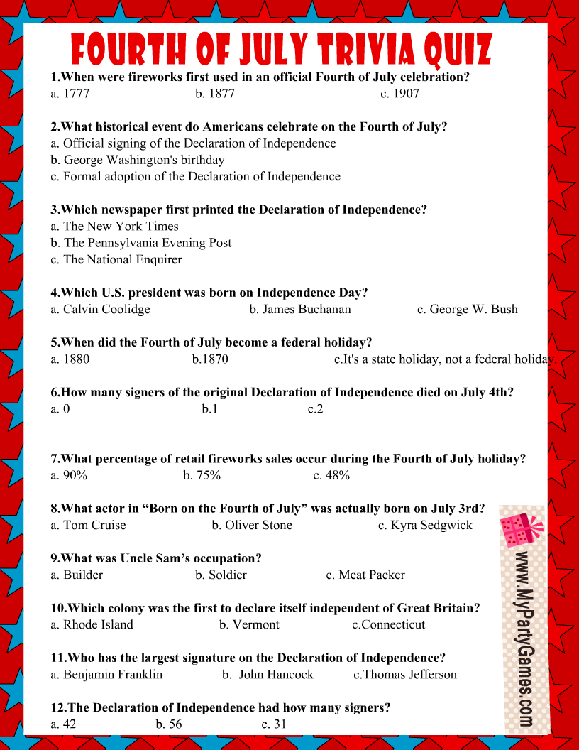 Free Printable 4Th Of July Usa Independence Day Trivia Quiz for Free Printable Fourth Of July Trivia